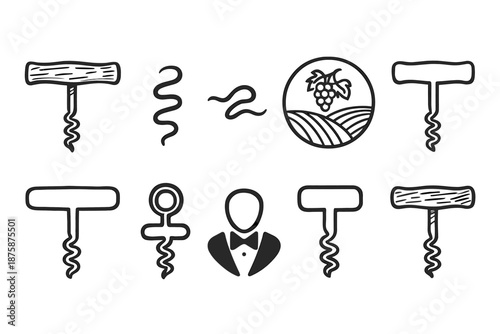 Wine and corkscrew outline icon set. Vineyard, sommelier, bar tools line collection