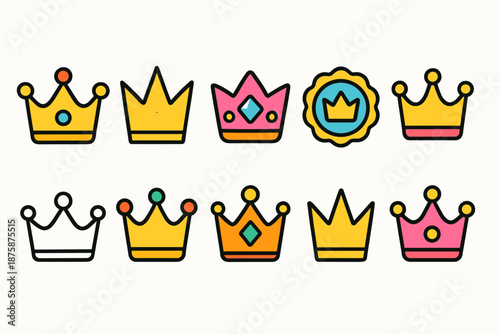 Royal crowns flat icon set. Collection of king, queen, crown symbols in flat style.