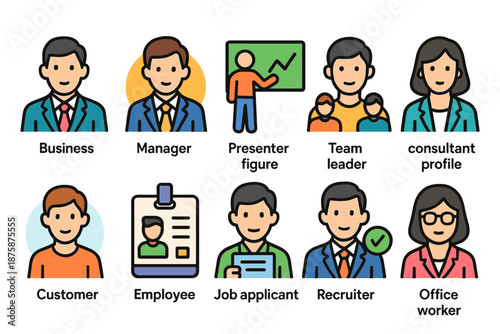 Business and office flat icon set. Professional workplace and career symbols collection.