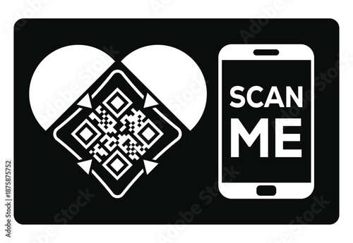Heart QR code and smartphone with Scan Me text on black background. Concept for mobile dating apps, digital romance, contactless payments, and modern Valentine's Day tech marketing.