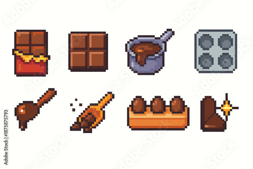 Chocolate, confectionery pixel icon set. Sweet treats and candy pixel art collection.