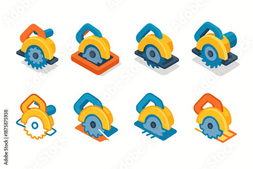 Circular saw flat icon set. Construction, carpentry tools flat illustration collection.