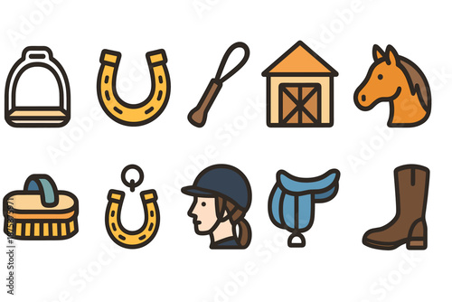 Equestrian, horse riding flat icon set. Saddle, stable, horse gear collection