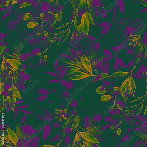 Seamless botanical pattern with olive branches and leaves in green and yellow tones for nature-inspired design and textile projects
