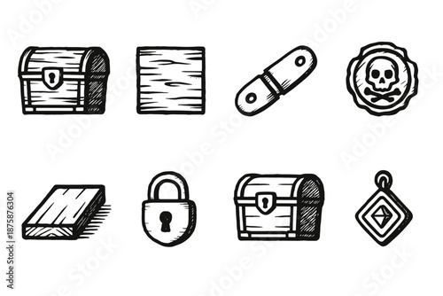 Pirate treasure icon set in hand-drawn style: chests, locks, and insignias