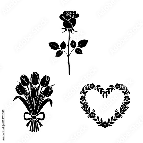 Valentine Floral Elements Rose Tulip Bouquet Wreath Three Silhouette Set