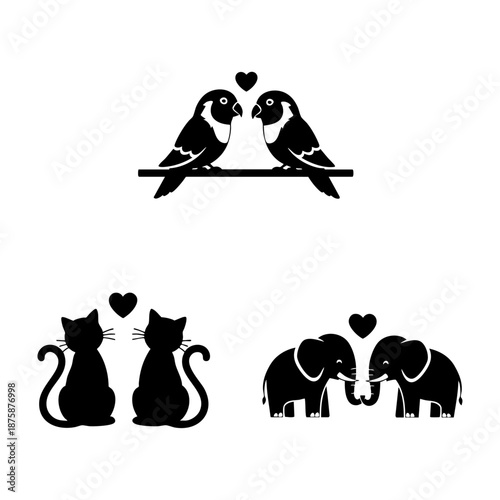 Cute Animal Love Pairs Birds Cats Elephants Three Silhouette Set