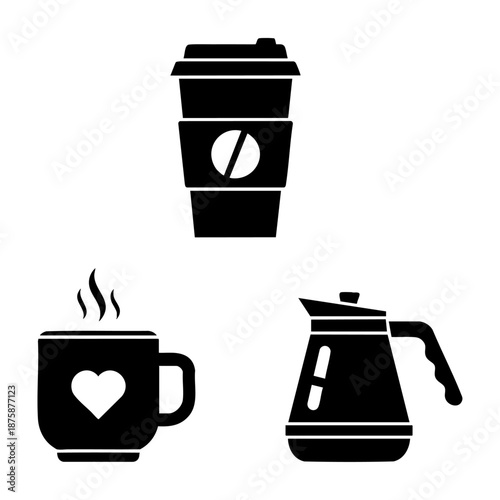 Coffee Date Takeaway Cup Mug and Pot Three Silhouette Vector Icons