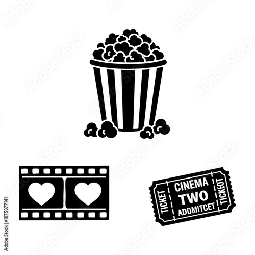 Movie Date Night Popcorn Film Strip and Ticket Three Silhouette Set