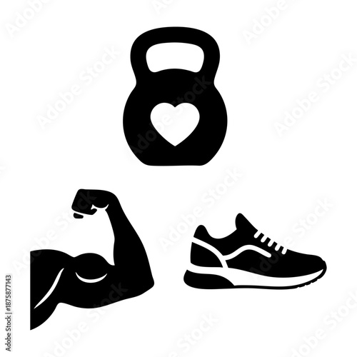 Fitness Couple Kettlebell Flexing Arm and Running Shoe Three Silhouette Set