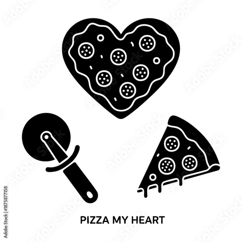 Pizza My Heart Food Slice and Cutter Three Silhouette Vector Icons