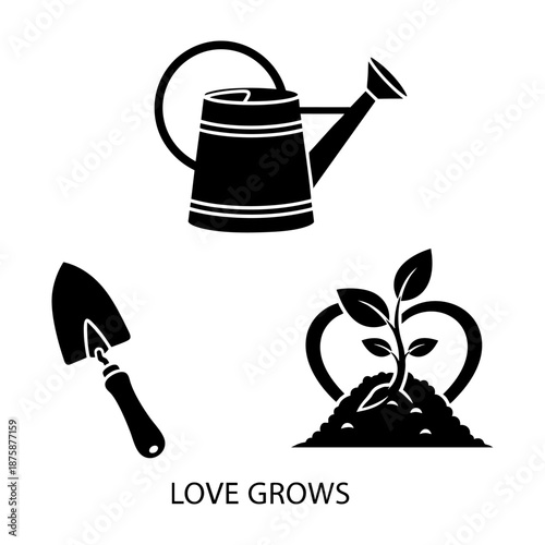 Gardening Love Watering Can Trowel and Sprout Three Silhouette Set