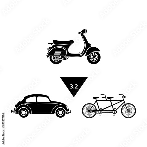 Romantic Vehicles Scooter Beetle Car and Tandem Bike Three Silhouette Set