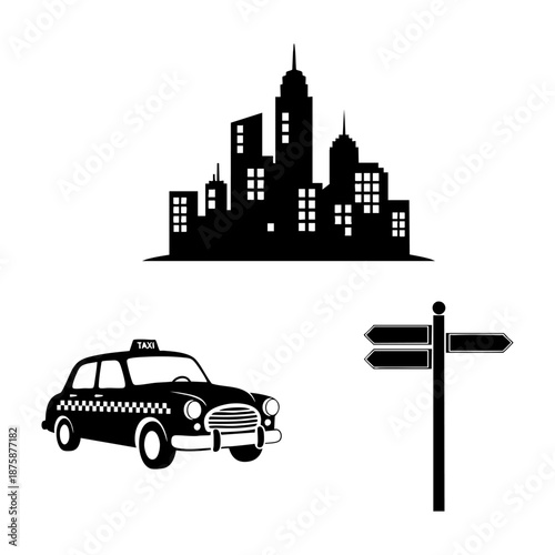 Urban City Love Skyline Taxi and Street Sign Three Silhouette Set