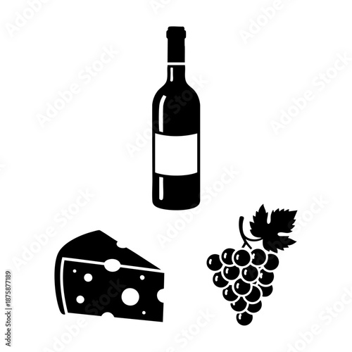 Wine and Cheese Pairing Bottle Wedge and Grapes Three Silhouette Set