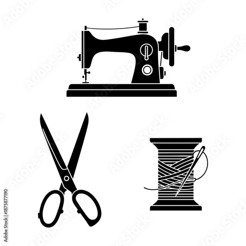 Sewing Love Machine Scissors and Thread Spool Three Silhouette Set