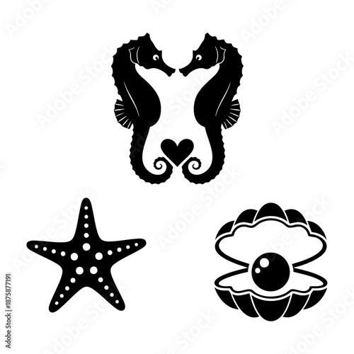 Under the Sea Romance Seahorse Starfish and Clam Three Silhouette Set