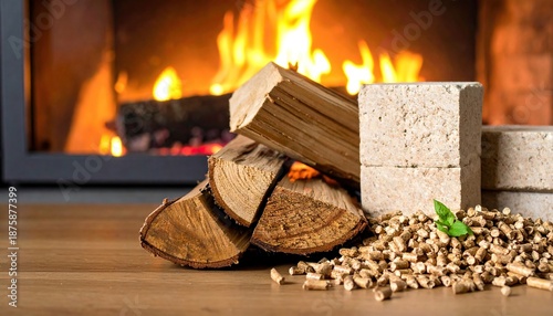 Fireplace fuels: Wood logs, compressed briquettes and pellets