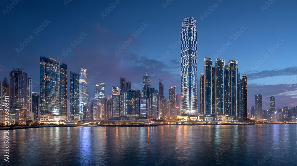 Fototapeta premium A city skyline illuminated at dusk with tall buildings reflecting in the water