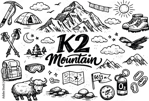 Image Generation. K2 mountain hand drawn doodle elements set, center hand-lettered title, black & white vector line art, bold