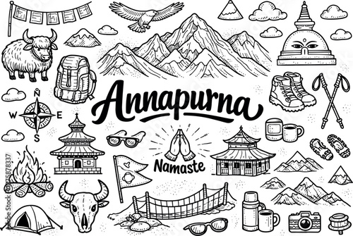 Annapurna Doodle Art. Annapurna mountain hand drawn doodle elements set, center hand-lettered title, black & white vector line art