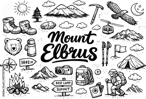 Image Generation. Mount Elbrus hand drawn doodle elements set, center hand-lettered title, black & white vector line art, bold
