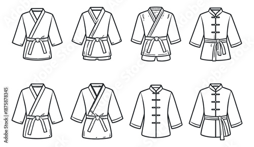 Hand drawn line art uniforms set featuring various martial arts gis and traditional Asian tops for sports and cultural themes