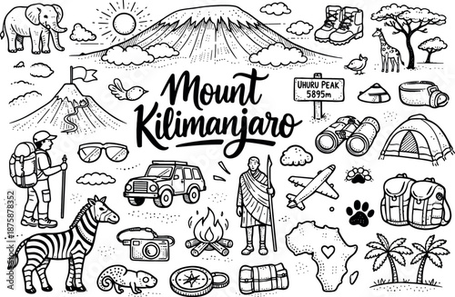 Image Generation. Mount Kilimanjaro hand drawn doodle elements set, center hand-lettered title, black & white vector line art,