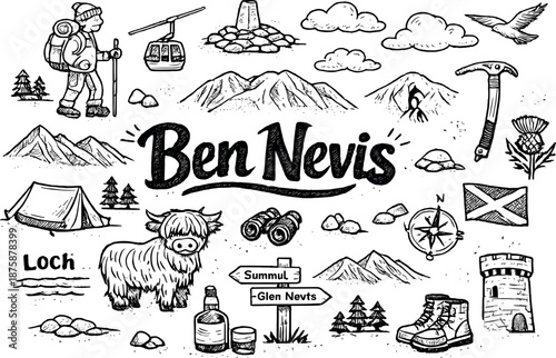 Image Generation. Ben Nevis hand drawn doodle elements set, center hand-lettered title, black & white vector line art, bold clean