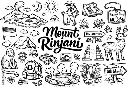 Image Generation. Mount Rinjani hand drawn doodle elements set, center hand-lettered title, black & white vector line art, bold