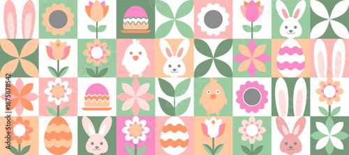 Happy Easter greeting banner with bunnies, chicks, flowers and eggs. Pastel Geometric background.