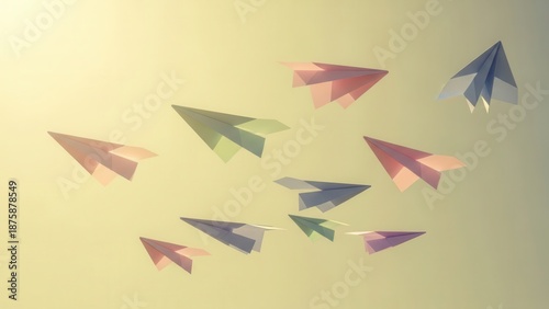 A whimsical arrangement of floating, pastel-colored paper airplanes in a soft yellow sky.