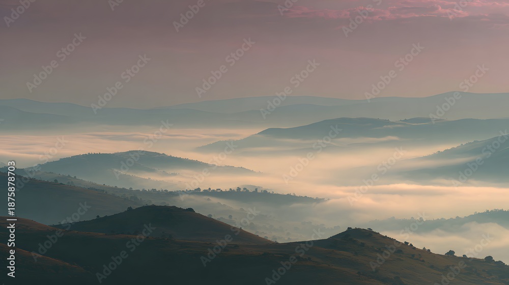 Obraz premium A serene landscape featuring rolling hills shrouded in mist under a soft pink sky