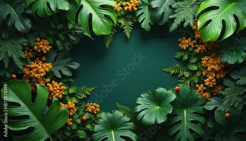 Lush green jungle foliage frames a dark teal background. Monstera leaves, ferns, and tiny orange flowers create a rich natural border with small red berries.