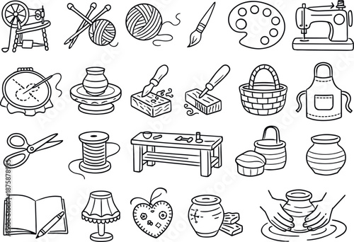 Image Generation. Line style icons of traditional crafts for self-expression: spinning wheel, knitting needles, yarn ball,