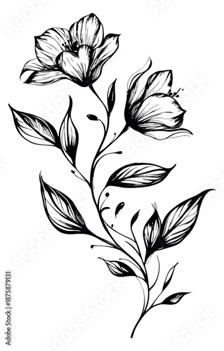Hand drawn line art illustration of a floral vine depicting delicate flowers and leaves for nature themed designs