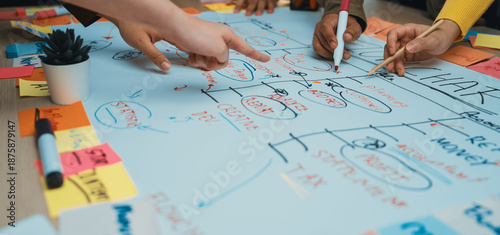 This image showcases a vibrant teamwork environment where diverse hands engage in a brainstorming session, utilizing sticky notes and markers on a whiteboard for strategic planning. SACTR