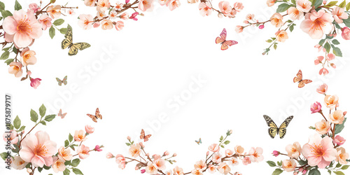 Beautiful flowering branch and butterflies frame flat design illustration isolated on transparent background
