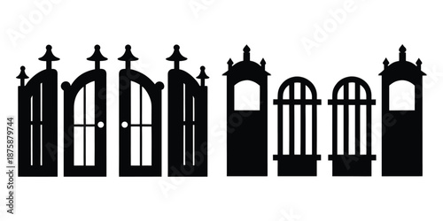 Collection of elegant minimalist vector gate and fence silhouettes, a pure black architectural design bundle in .eps style, ideal for decorative entrance graphics and creative projects