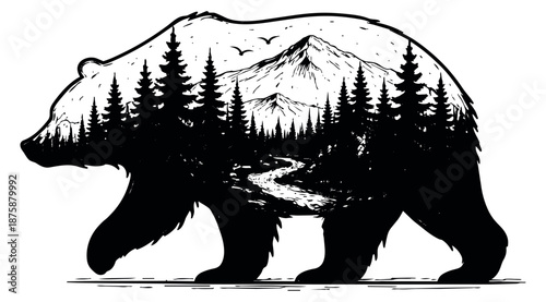 Hand drawn illustration of a bear depicting a forest and mountain landscape for nature and adventure concepts
