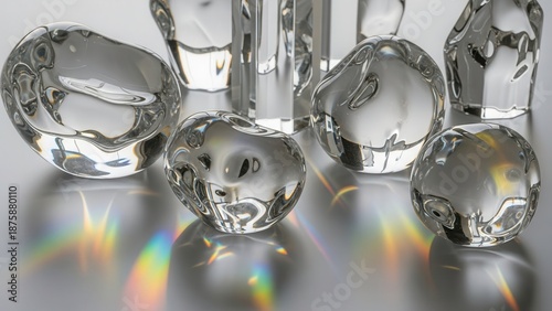 Abstract glassy shapes with refractive qualities, casting soft pastel rainbows on a neutral surface.