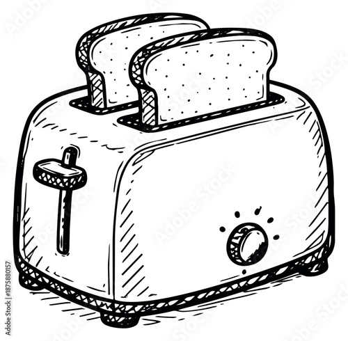 Hand drawn line art illustration of a toaster with bread depicting toast being made for kitchen and breakfast themes