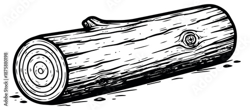 Hand drawn line art illustration of a wood log depicting natural texture and cut rings for rustic and outdoor designs