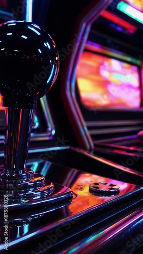Classic arcade game joysticks reflecting vibrant neon lights, recreating a nostalgic atmosphere of vintage video games and entertainment culture in a dark setting