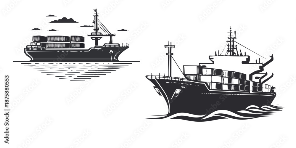 Obraz premium Black and White Ship Illustrations on Water.