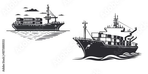Black and White Ship Illustrations on Water.