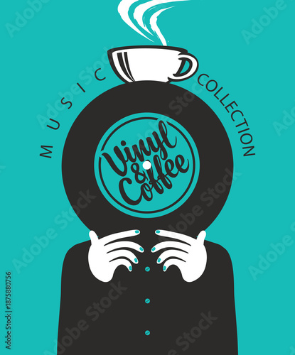 Vector banner for vinyl record store or menu for retro music cafe with vinyl record in the hands of person covers his face and cup of coffee and lettering vinyl cafe in vintage style