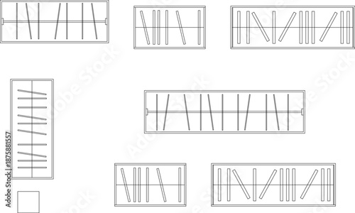 Comprehensive vector library of top-view wardrobe and retail storage units, featuring modular cabinet frames with diverse hanging garment arrangements for professional interior floor plans.