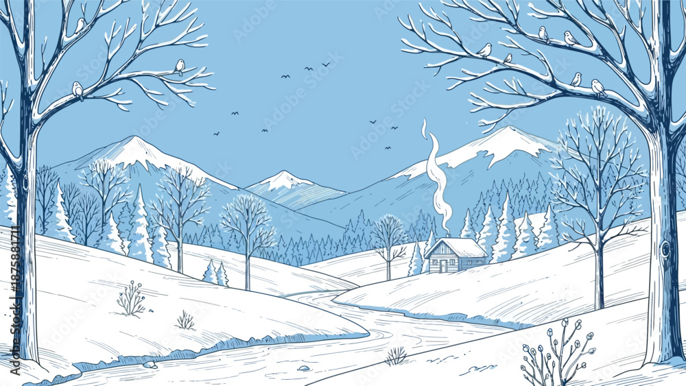 Obraz premium Illustration of a serene winter landscape with snow-covered mountains, trees, and rolling hills under a clear blue sky.