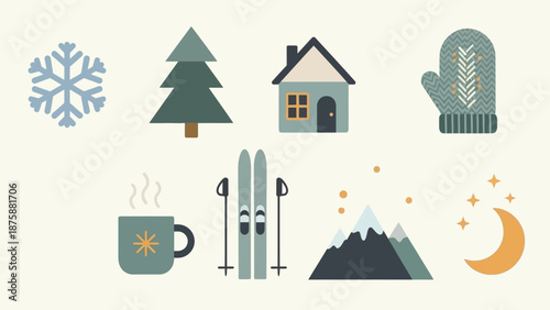 Flat lay illustration of winter sports and nature icons on a cream background with a warm and cozy mood.